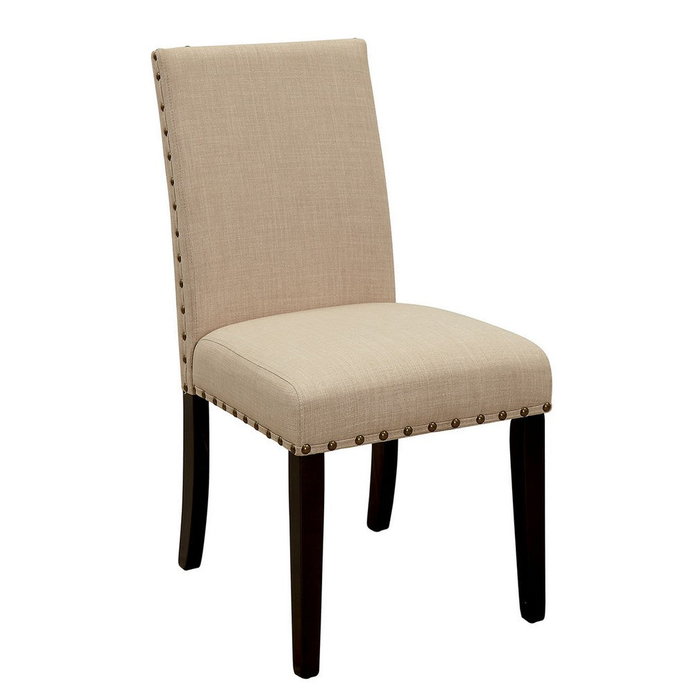 Fabric Upholstered Solid Wood Side Chair with Nail Head Trim, Pack of Two, Beige and Brown - BM183279