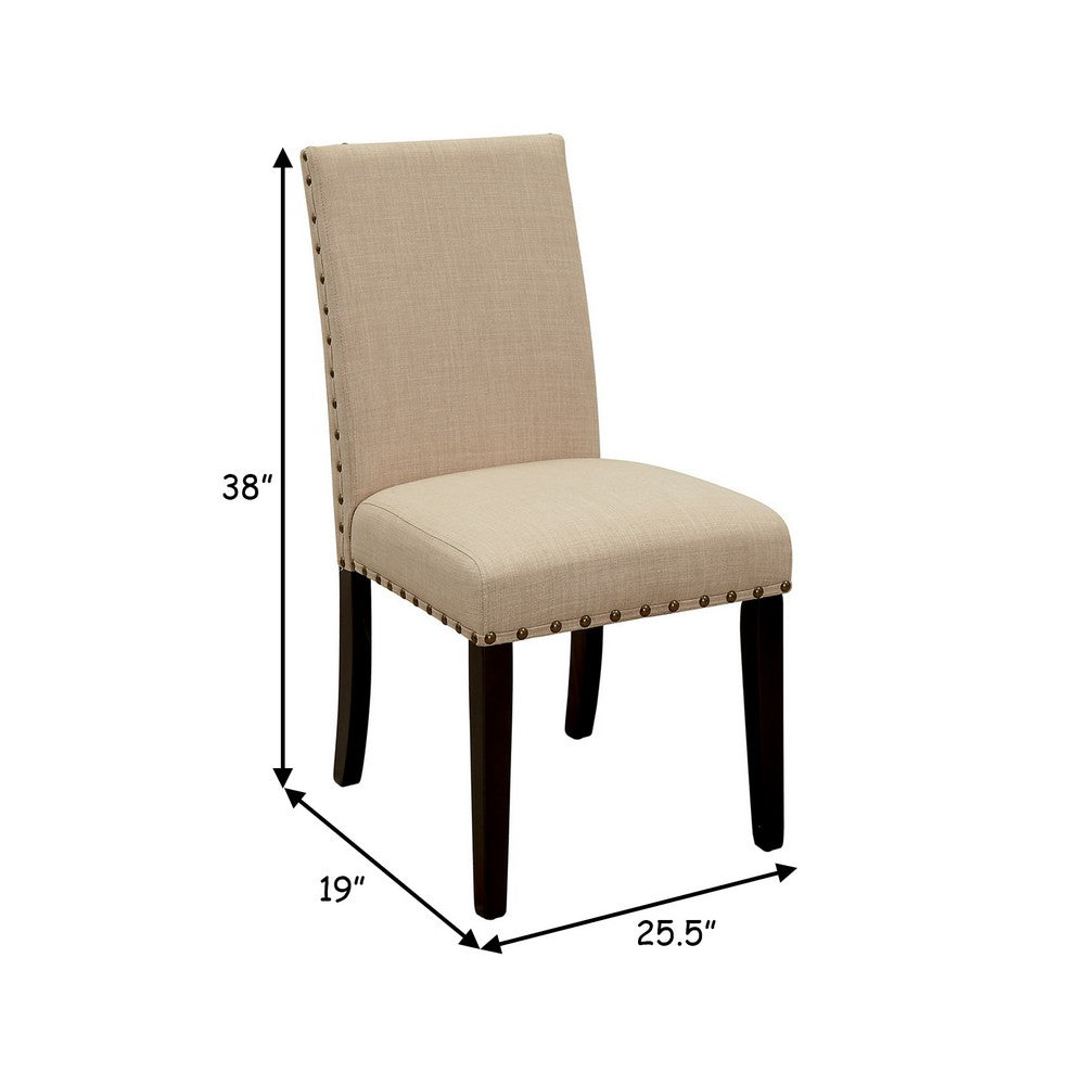 Fabric Upholstered Solid Wood Side Chair with Nail Head Trim, Pack of Two, Beige and Brown - BM183279