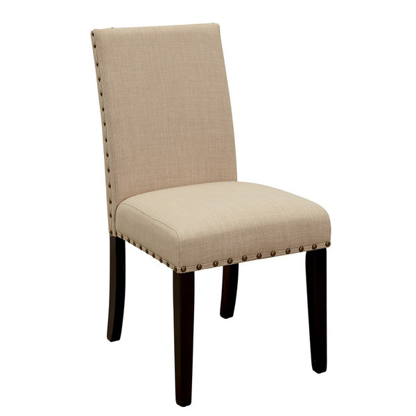 Fabric Upholstered Solid Wood Side Chair with Nail Head Trim, Pack of Two, Beige and Brown - BM183279