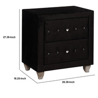 Fabric Upholstered Solid Wood Nightstand with Two Drawers and Crystal Accents, Black