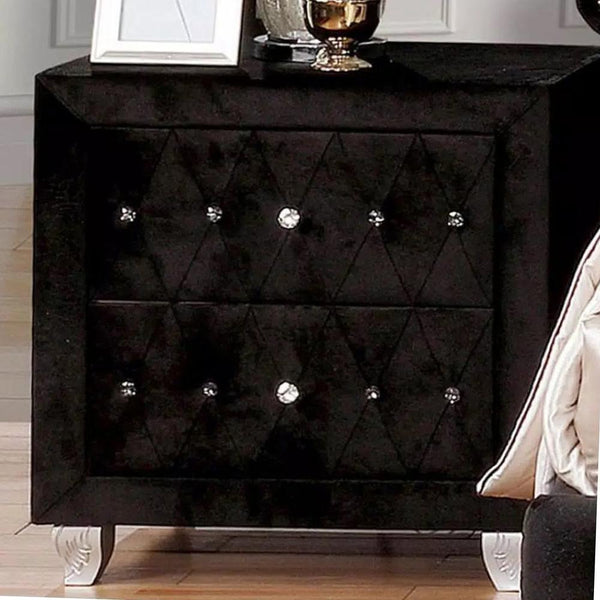 Fabric Upholstered Solid Wood Nightstand with Two Drawers and Crystal Accents, Black