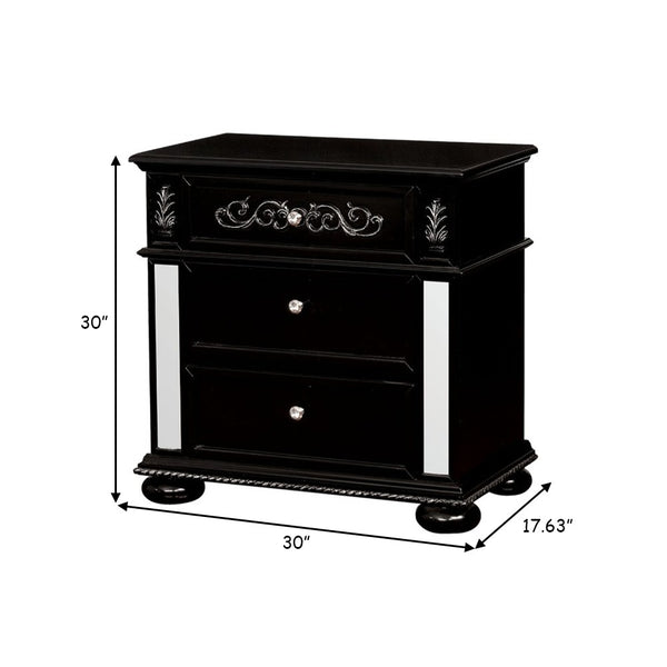 Three Drawer Solid Wood Nightstand with Crystal Knobs and Bun Feet, Black