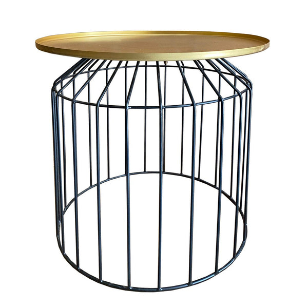 19 Inch Round Side End Accent Table, Iron, Slatted Cage Design, Powder Coated, Black, Gold - I305-HGM022