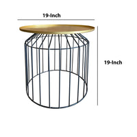 19 Inch Round Side End Accent Table, Iron, Slatted Cage Design, Powder Coated, Black, Gold - I305-HGM022