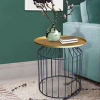 19 Inch Round Side End Accent Table, Iron, Slatted Cage Design, Powder Coated, Black, Gold - I305-HGM022