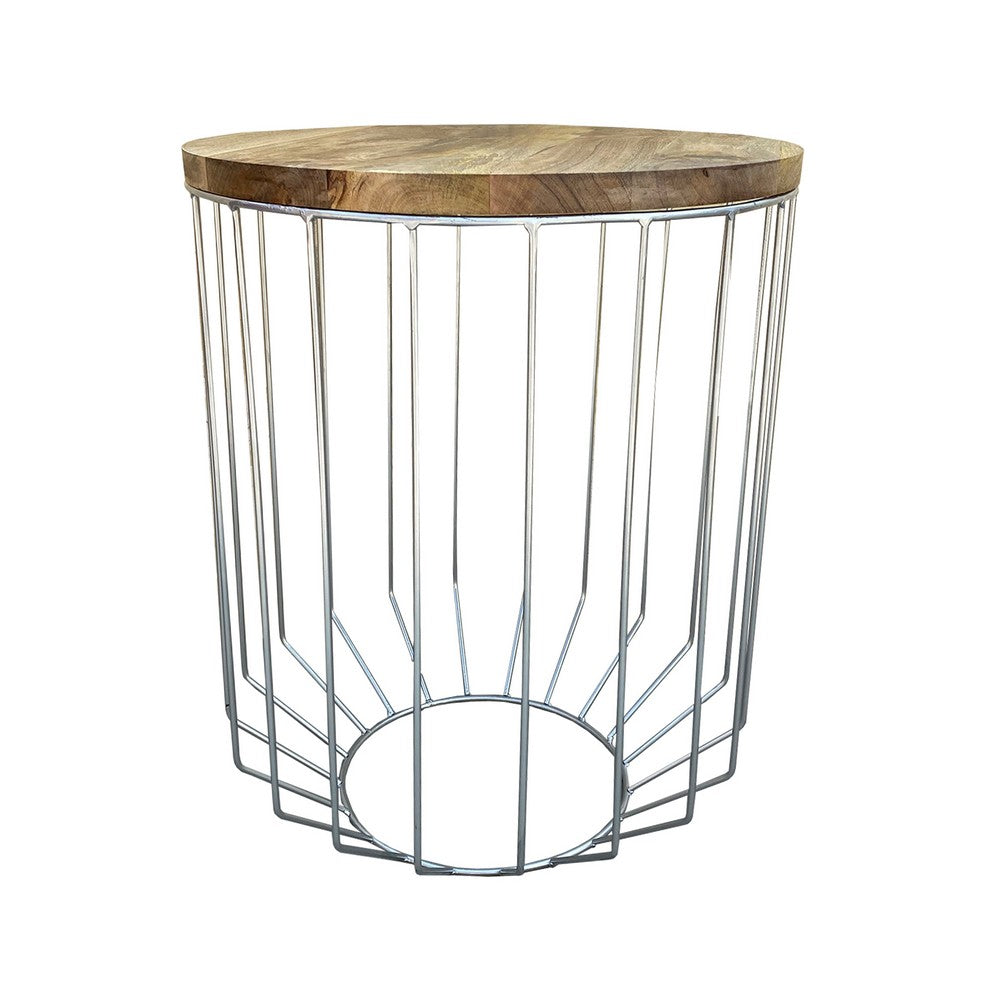 25 Inch Mango Wood Round Side End Accent Table, Tapered Slatted Cage Design, Handcrafted, Natural, Chrome - I305-HGM023