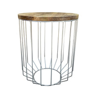 25 Inch Mango Wood Round Side End Accent Table, Tapered Slatted Cage Design, Handcrafted, Natural, Chrome - I305-HGM023