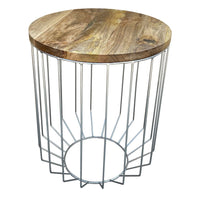 25 Inch Mango Wood Round Side End Accent Table, Tapered Slatted Cage Design, Handcrafted, Natural, Chrome - I305-HGM023