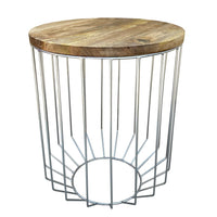 25 Inch Mango Wood Round Side End Accent Table, Tapered Slatted Cage Design, Handcrafted, Natural, Chrome - I305-HGM023