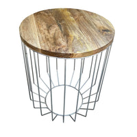 25 Inch Mango Wood Round Side End Accent Table, Tapered Slatted Cage Design, Handcrafted, Natural, Chrome - I305-HGM023