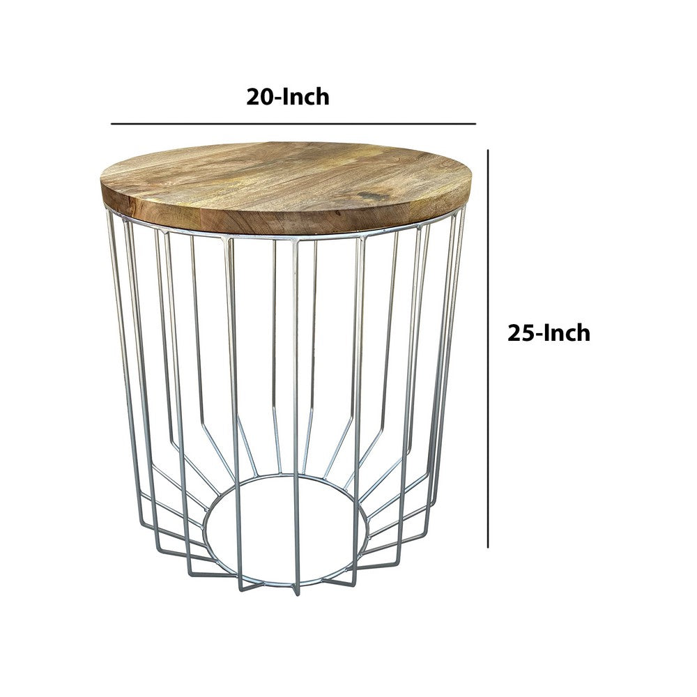 25 Inch Mango Wood Round Side End Accent Table, Tapered Slatted Cage Design, Handcrafted, Natural, Chrome - I305-HGM023