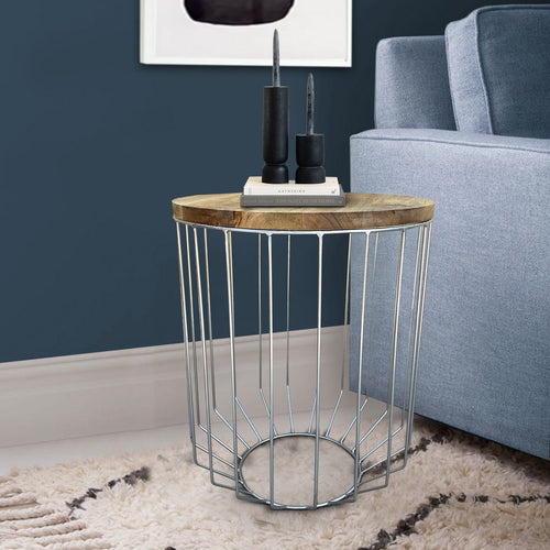 25 Inch Mango Wood Round Side End Accent Table, Tapered Slatted Cage Design, Handcrafted, Natural, Chrome - I305-HGM023