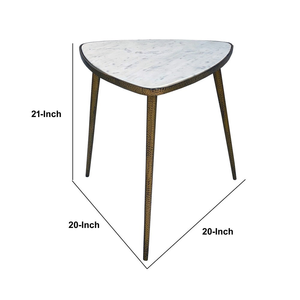 21 Inch Modern Side Accent Table, Rounded Triangle Pick Marble Top, Hammered Design, Brass, White - I305-HGM024