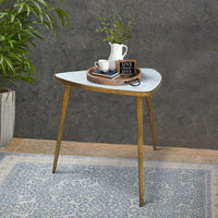 21 Inch Modern Side Accent Table, Rounded Triangle Pick Marble Top, Hammered Design, Brass, White - I305-HGM024
