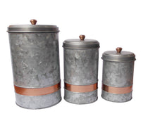 Benzara Galvanized Metal Lidded Canister With Copper Band, Set of Three, Gray - BM177867