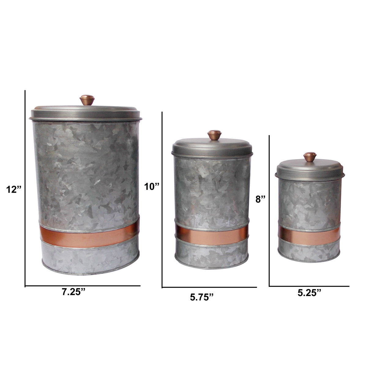 Benzara Galvanized Metal Lidded Canister With Copper Band, Set of Three, Gray - BM177867
