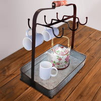 Rustic Style Galvanized Metal Crockery Holder with Six Cup Hooks, Gray - BM177866