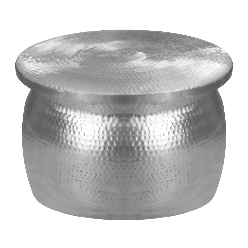 Drum Shape Round Top Aluminum Storage Accent Stool with Lid Top Open, Silver - BM213122