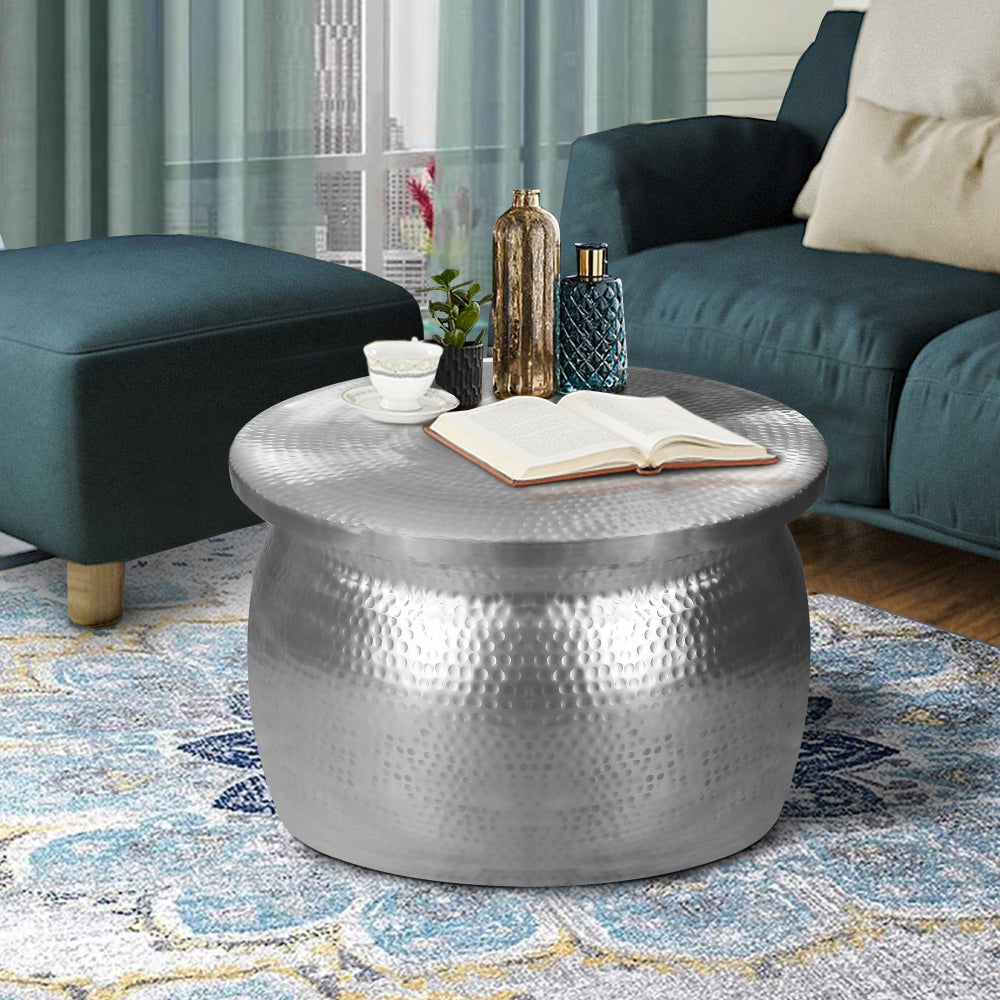 Drum Shape Round Top Aluminum Storage Accent Stool with Lid Top Open, Silver - BM213122