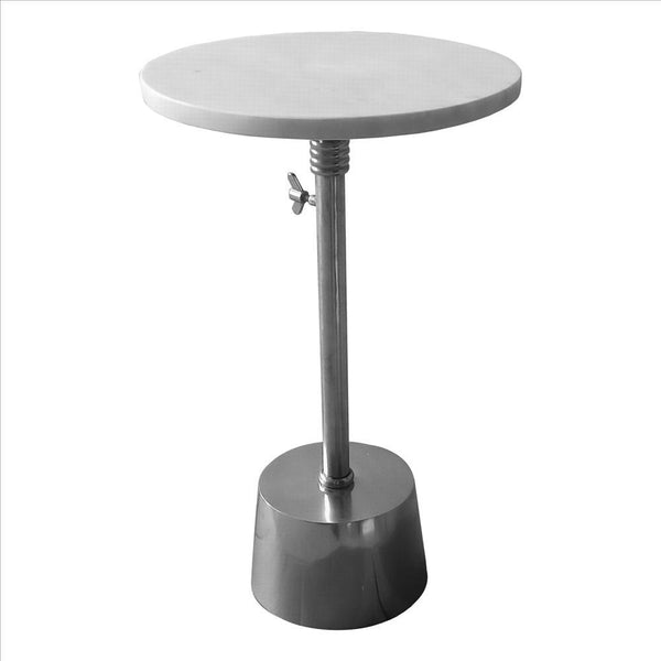 Toki Aluminum Frame Round Side Table with Marble Top and Adjustable Height, White and Silver - BM213123