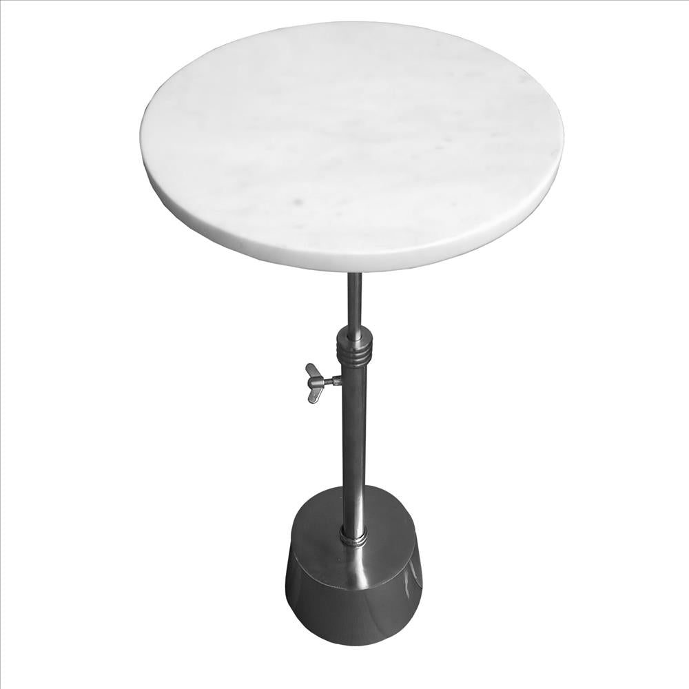 Toki Aluminum Frame Round Side Table with Marble Top and Adjustable Height, White and Silver - BM213123