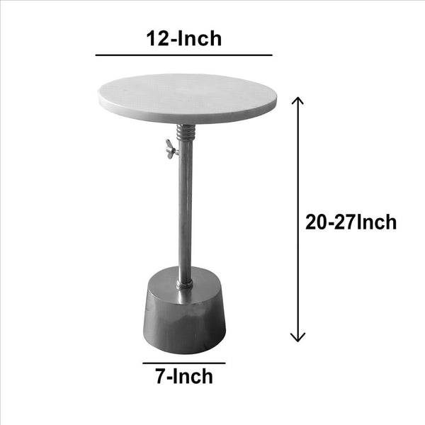 Aluminum Frame Round Side Table with Marble Top and Adjustable Height, White and Silver - BM213123