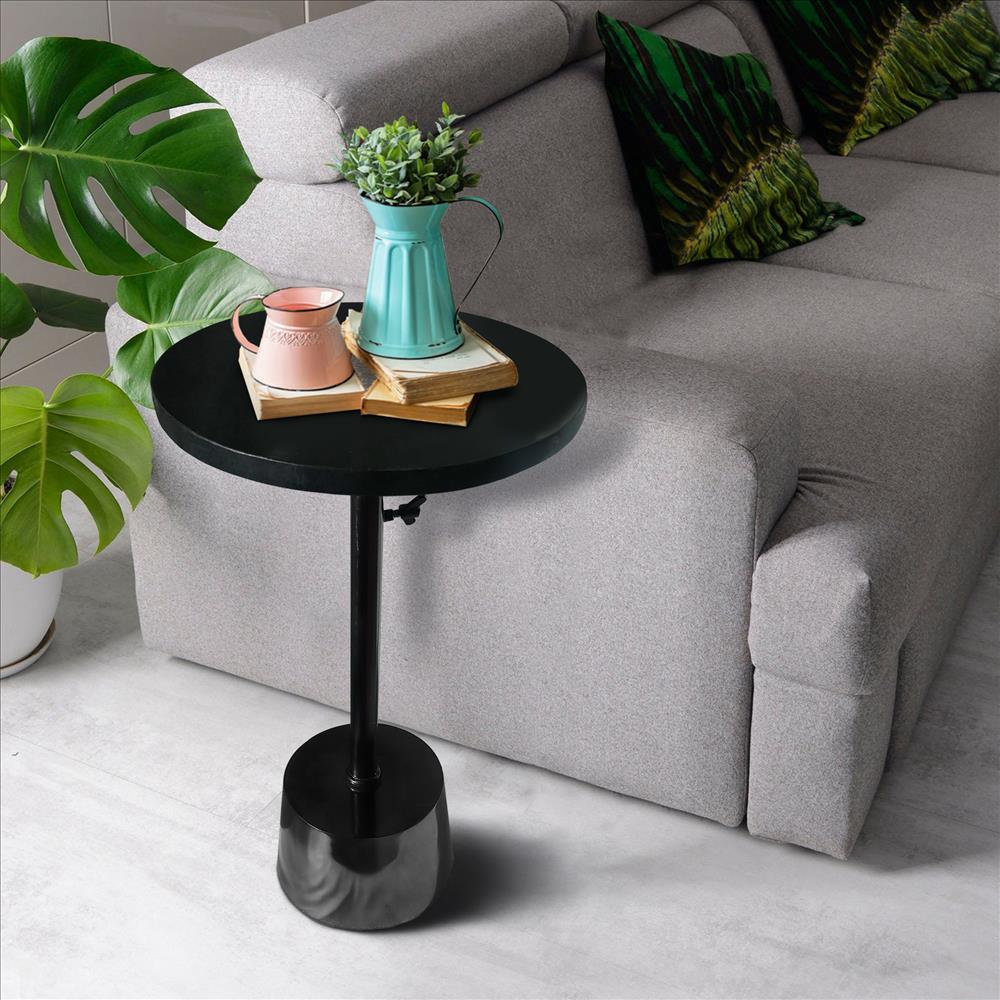 Aluminum Frame Round Side Table with Marble Top and Adjustable Height, Black - BM213124