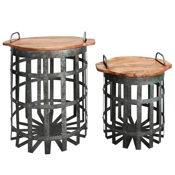 Industrial Grid Galvanized Accent End Table with Round Lid and Handles, Set of 2, Gray and Brown - I551-FDS003