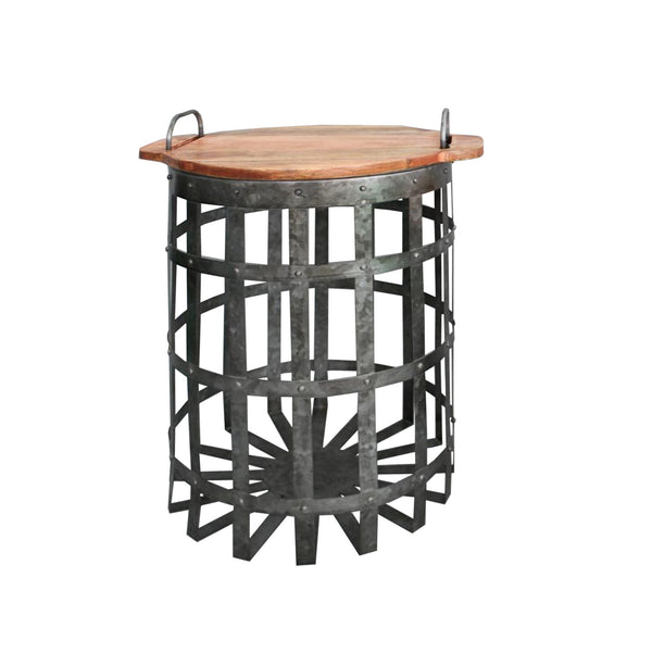 Industrial Grid Galvanized Accent End Table with Round Lid and Handles, Set of 2, Gray and Brown - I551-FDS003