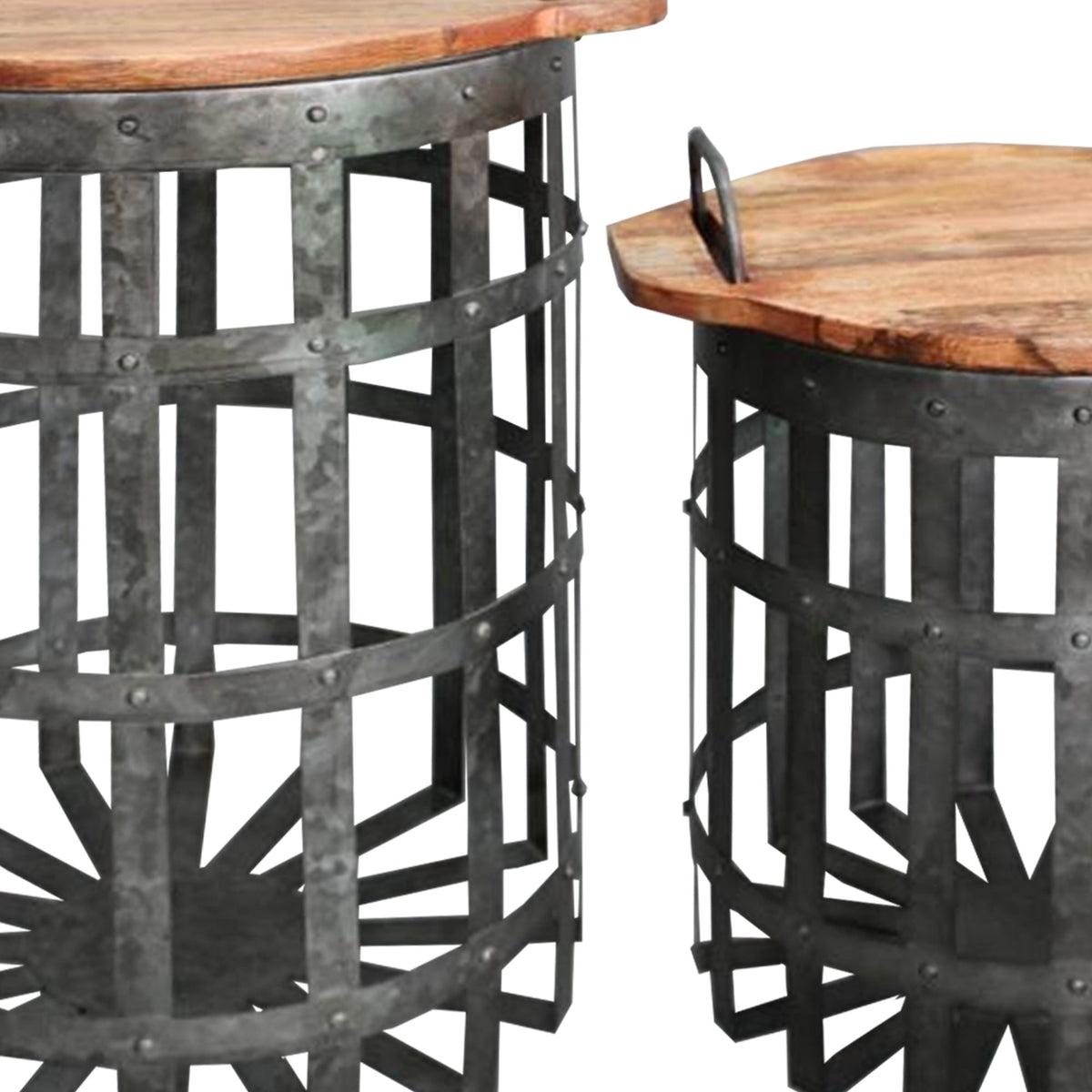 Industrial Grid Galvanized Accent End Table with Round Lid and Handles, Set of 2, Gray and Brown - I551-FDS003