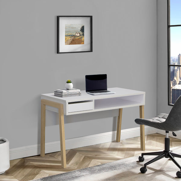 47 Inch Rectangular 2 Tone Wood Home Office Desk, Large Open Cubby Space and Drawer, White, Brown - BM148830