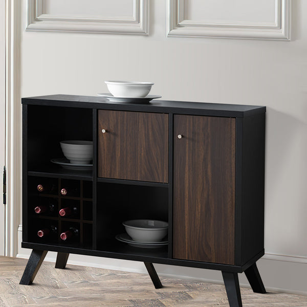 Spacious Wooden Buffet With Angled Legs, Black And Dark Walnut Brown - BM179738