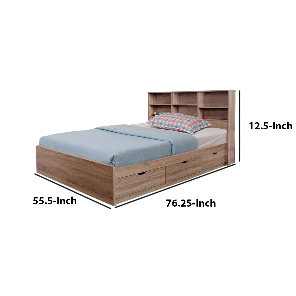 Wooden Full Size Bed Frame with 3 Drawers and Grain Details, Taupe Brown - BM141886