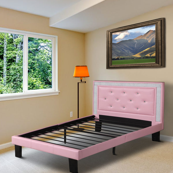 Polyurethane Twin Size Bed In High Headboard In Pink - BM167271