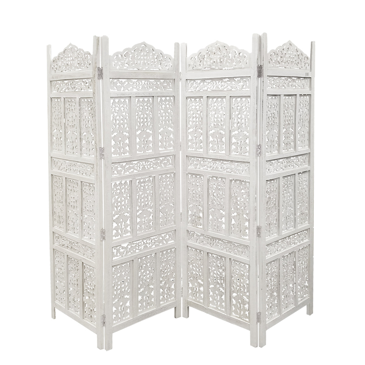 Aesthetically Carved 4 Panel Wooden Partition Screen/Room Divider, Distressed White - UPT-148945