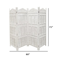 Aesthetically Carved 4 Panel Wooden Partition Screen/Room Divider, Distressed White - UPT-148945