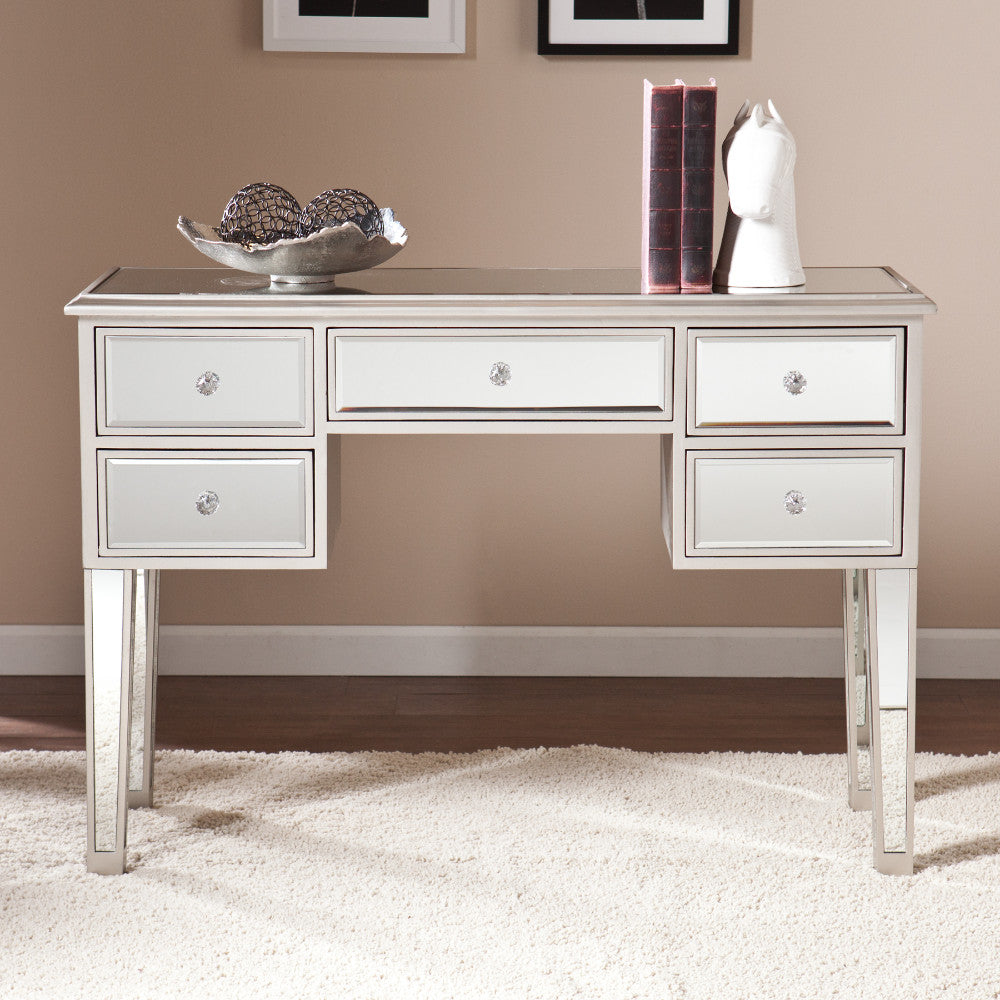 5 Drawer Wooden Console Table with Mirror Inserts, Silver and Gray - UPT-157133