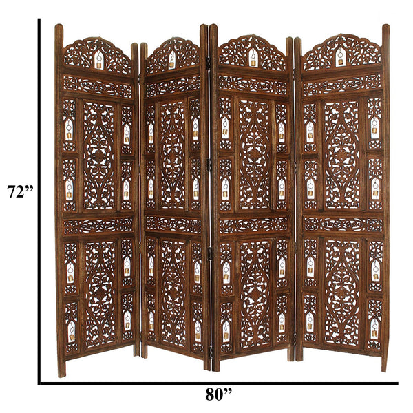 Handcrafted Wooden 4 Panel Room Divider Screen With Tiny Bells - Reversible - UPT-176787