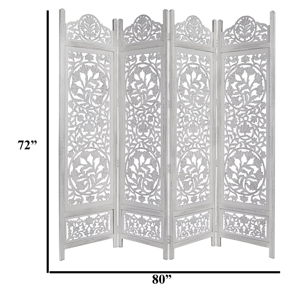 Handcrafted Wooden 4 Panel Room Divider Screen Featuring Lotus Pattern Reversible - UPT-176788