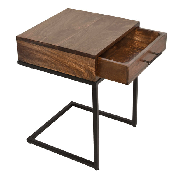 Evie Mango Wood Side Table with Drawer and Cantilever Iron Base, Brown and Black - UPT-186118