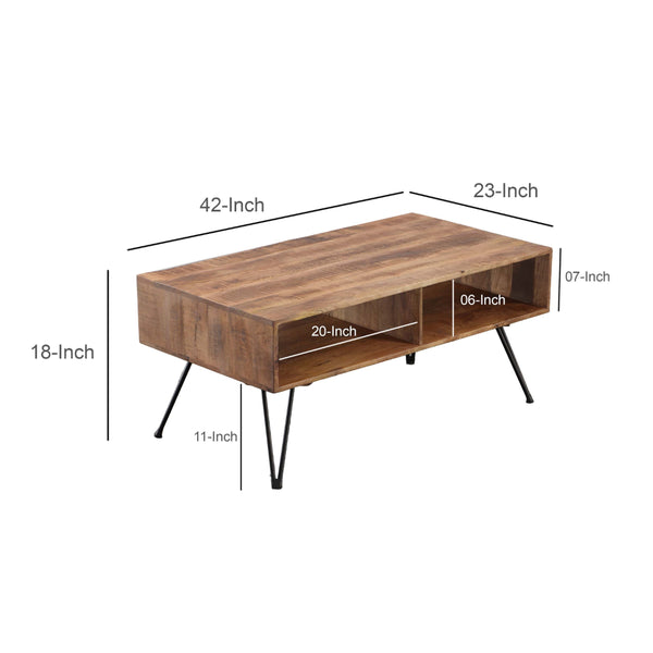 42 Inch Handcrafted Mango Wood Coffee Table with Metal Hairpin Legs, Brown and Black - UPT-195121