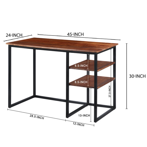 45 Inch Tubular Metal Frame Desk with Wooden Top and 2 Side Shelves, Brown and Black - UPT-195123