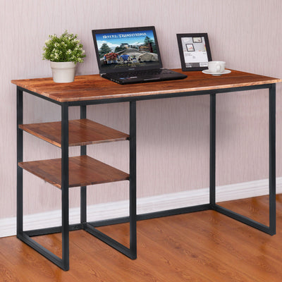 Benjara wood and metal desk with 2 shelves deals brown