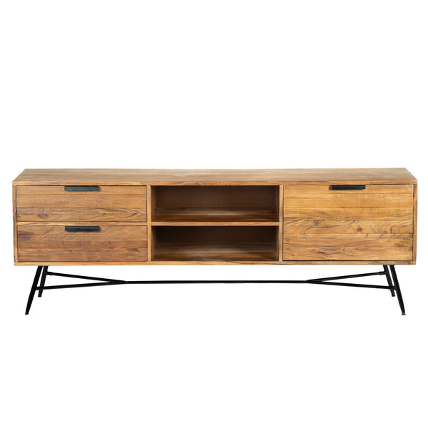Roomy Wooden Media Console with Slanted Metal Base, Brown and Black - UPT-195125