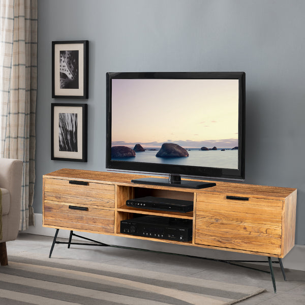 Roomy Wooden Media Console with Slanted Metal Base, Brown and Black - UPT-195125