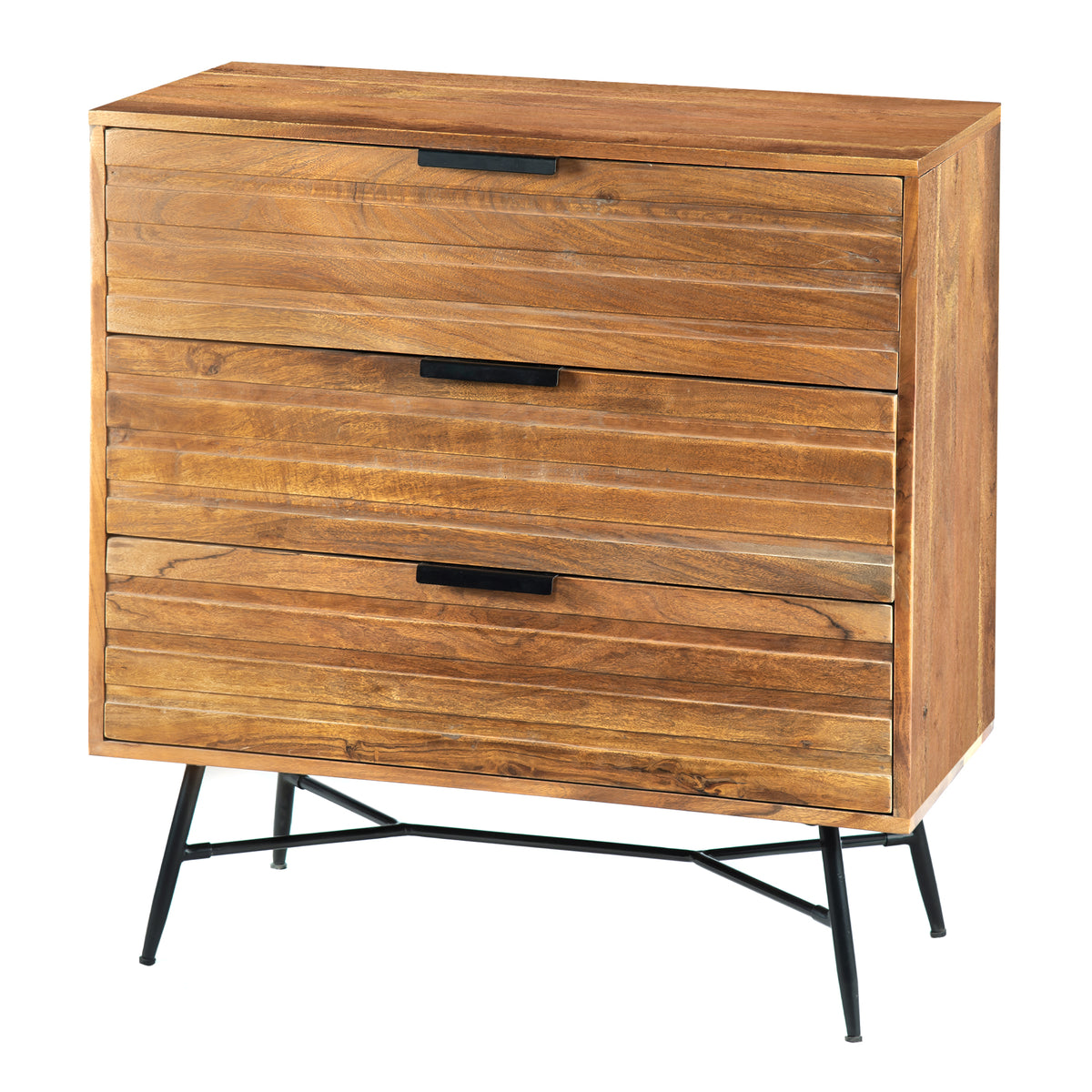 3 Drawer Wooden Chest with Slanted Metal Base, Brown and Black - UPT-195127