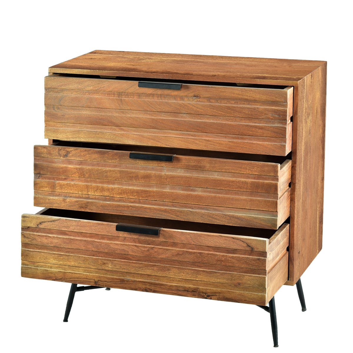 3 Drawer Wooden Chest with Slanted Metal Base, Brown and Black - UPT-195127