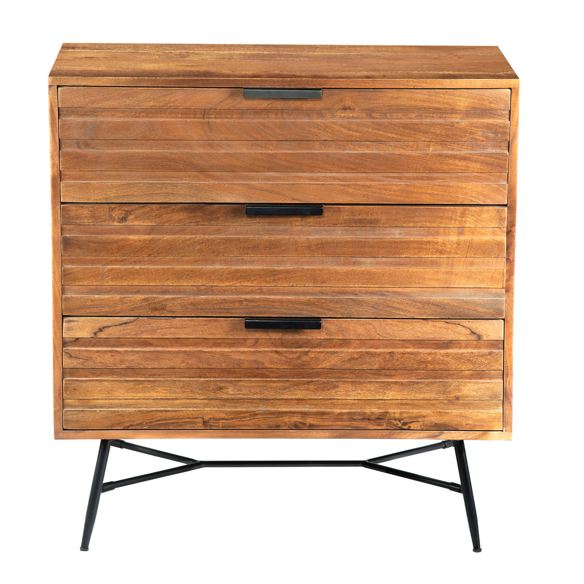 3 Drawer Wooden Chest with Slanted Metal Base, Brown and Black - UPT-195127