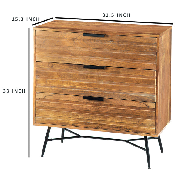 3 Drawer Wooden Chest with Slanted Metal Base, Brown and Black - UPT-195127
