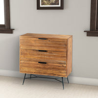 3 Drawer Wooden Chest with Slanted Metal Base, Brown and Black - UPT-195127